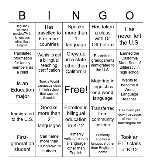 EDUC 142 Bingo Card