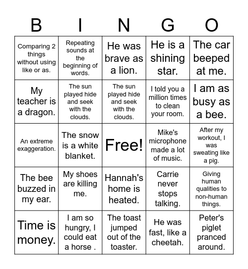 Figurative Language Bingo Card