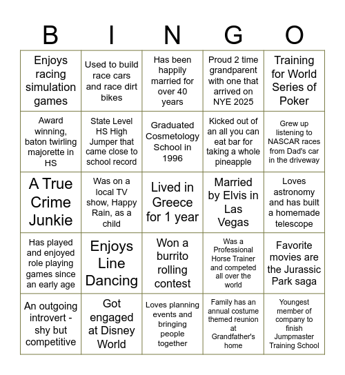 Mystery Mingle Bingo Card