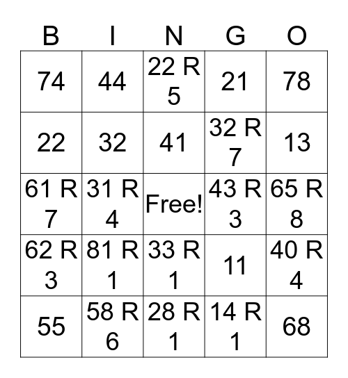 Long Division Bingo Card