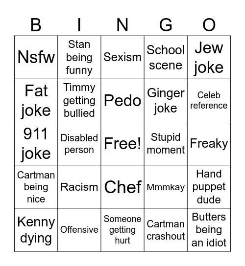 South Park Bingo Card