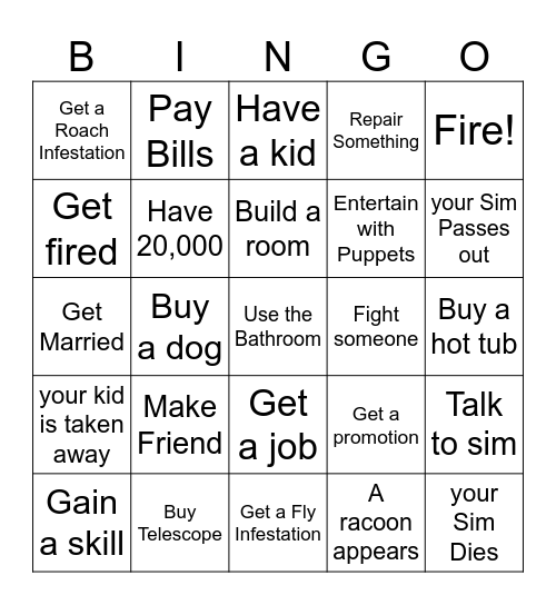 Sims Bingo Card