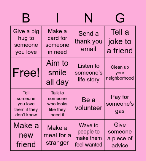 Acts of Kindness Bingo Card