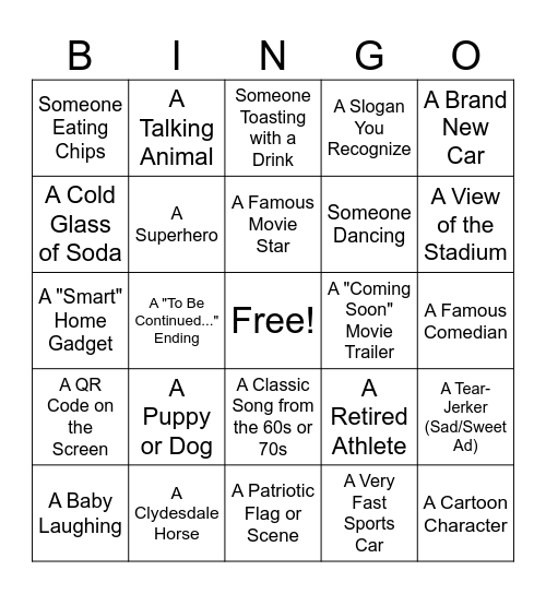 Superbowl Commercial Bingo Card