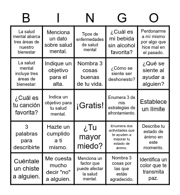 Bingo de la Salud mental Feliz Bingo Card