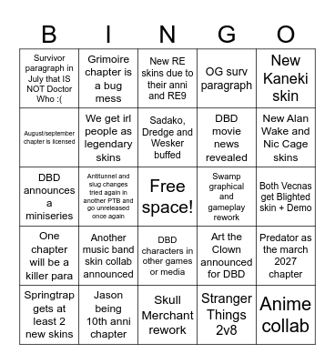 DBD YEAR 10 PREDICTIONS Bingo Card