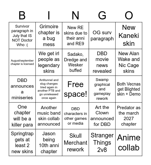 DBD YEAR 10 PREDICTIONS Bingo Card