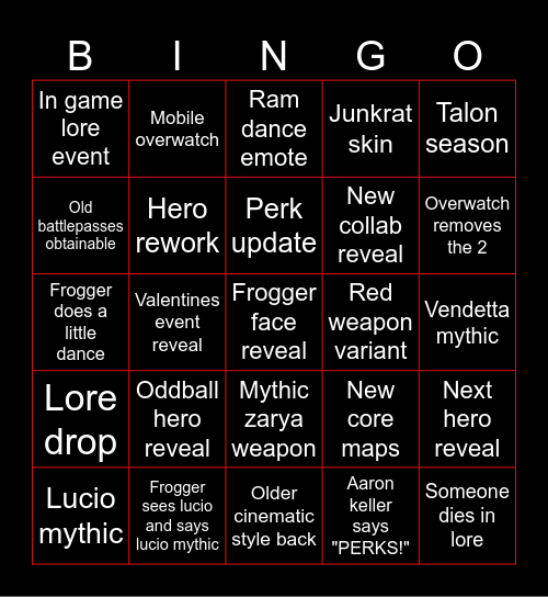 Overwatch Spotlight Bingo Card