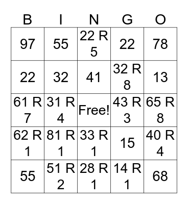 Long Division Bingo Card
