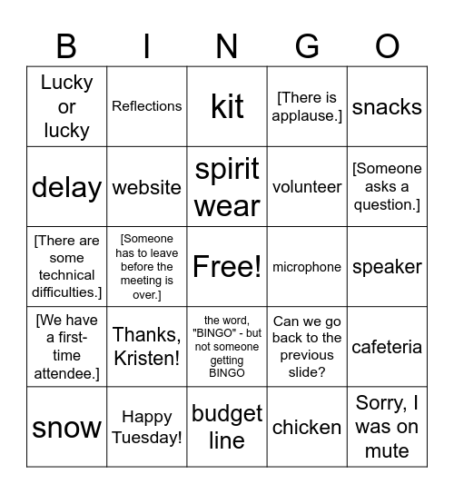 LRES PTA February Meeting BINGO Card