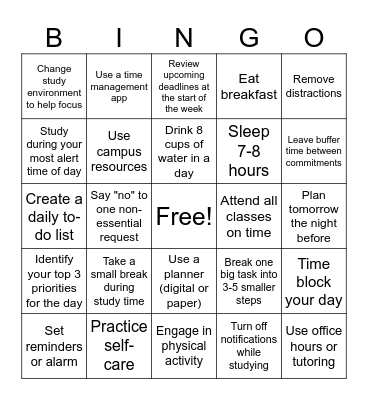 Time Management BINGO Card