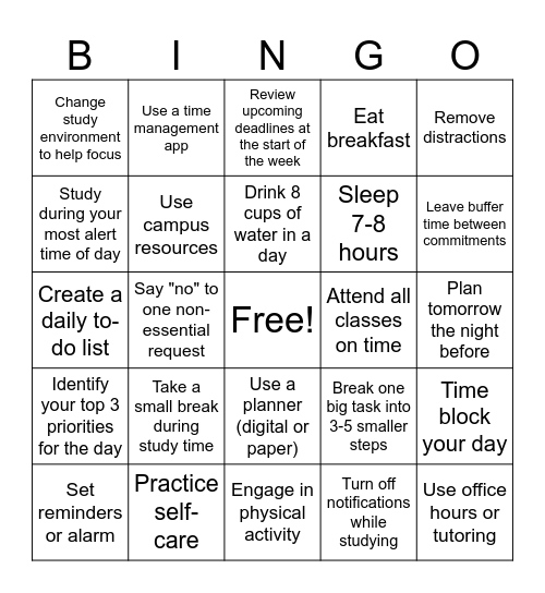 Time Management BINGO Card