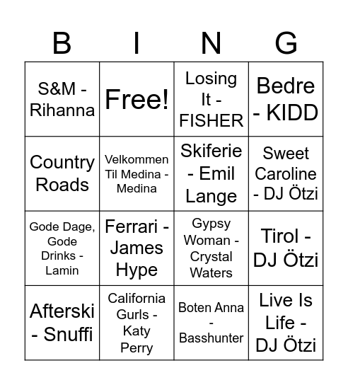 Afterski Bingo Card