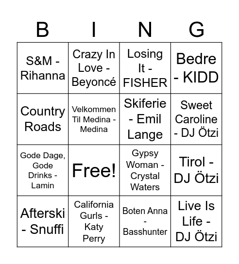 Afterski Bingo Card