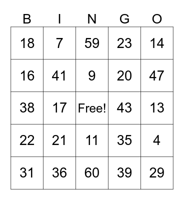 ASL Number Bingo Card