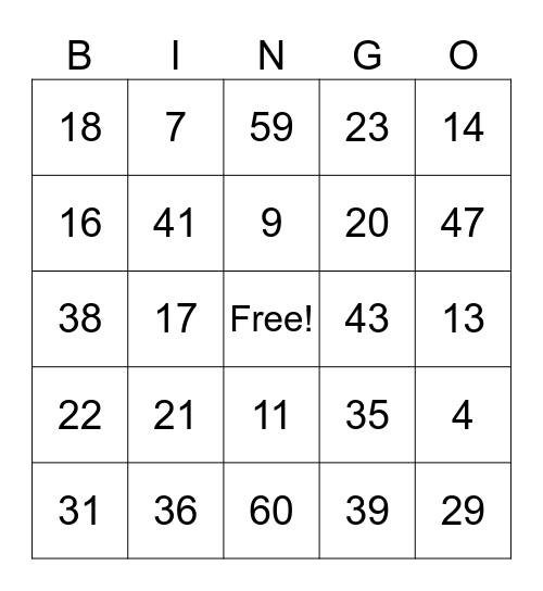 ASL Number Bingo Card