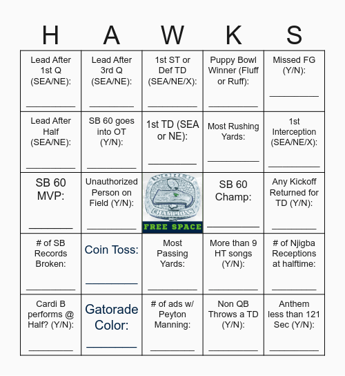 2026 Superbowl Prop Bet Bingo Card