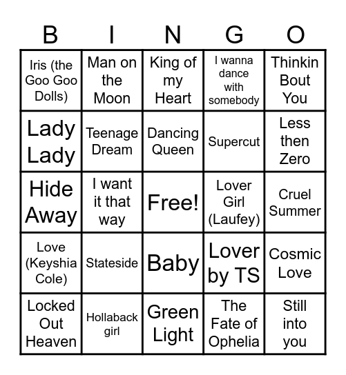 Link Crew Music Bingo Card