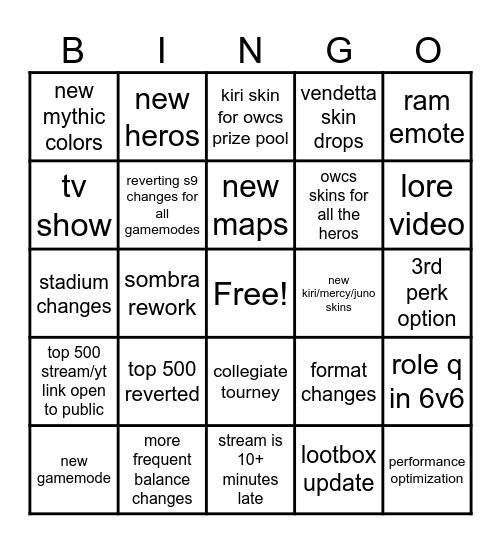 Overwatch Spotlight Bingo Card