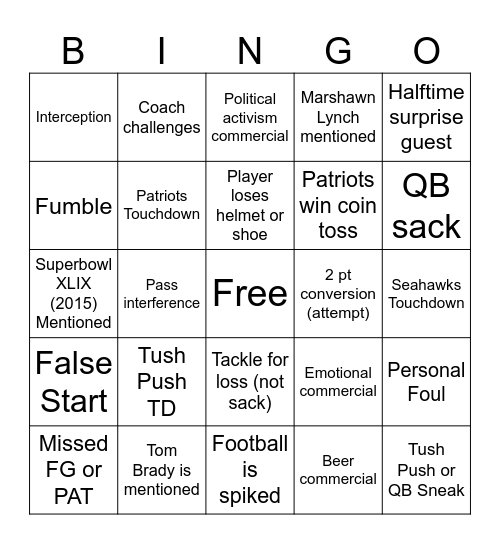 Super Bowl LX Bingo Card