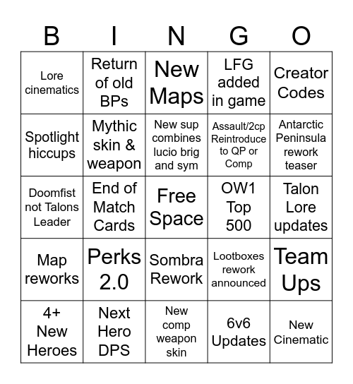 Overwatch Spotlight Bingo Card