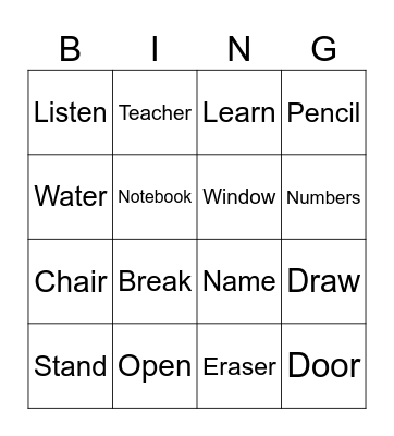 Back to school Bingo Card