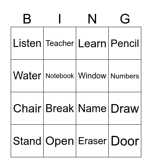 Back to school Bingo Card