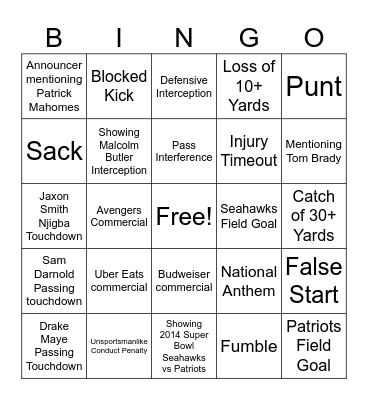 Super Bowl Trivia Bingo Card
