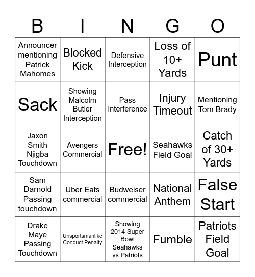 Super Bowl Trivia Bingo Card