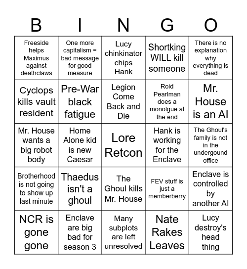 FALLOUT S2E8 Bingo Card
