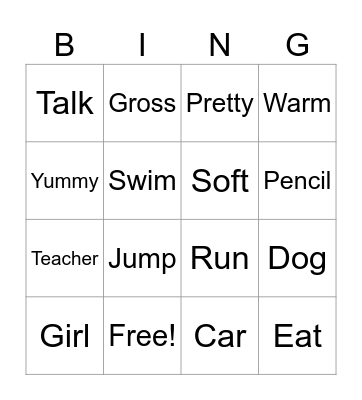 Nouns, Verbs & Adjectives Bingo Card