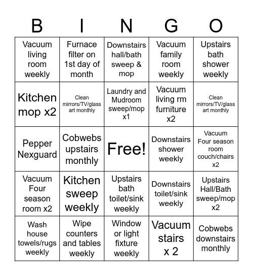 Monthly Cleaning Bingo Card