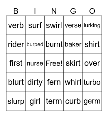 /er/ - er, ir, ur Bingo Card