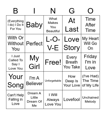 Love Song Bingo Card