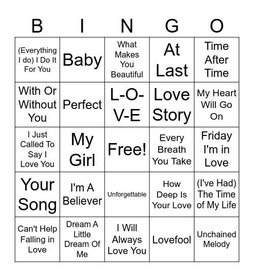 Love Song Bingo Card