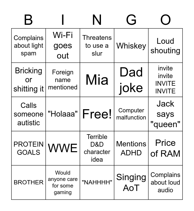 Jack Bingo Card