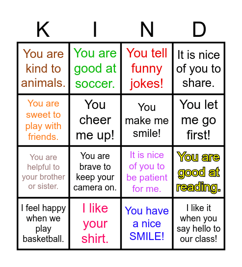 Compliment Bingo Card