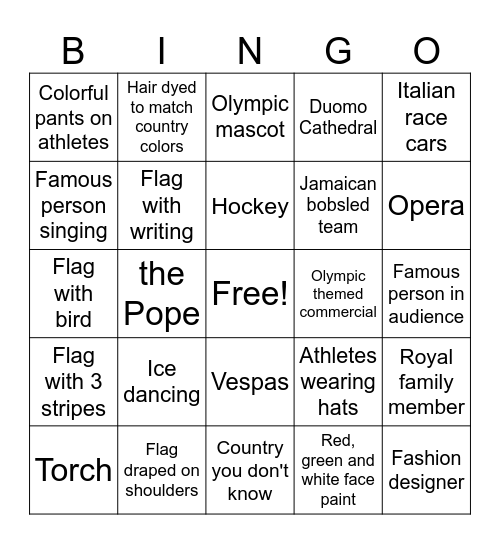 Winter Olympics Bingo Card