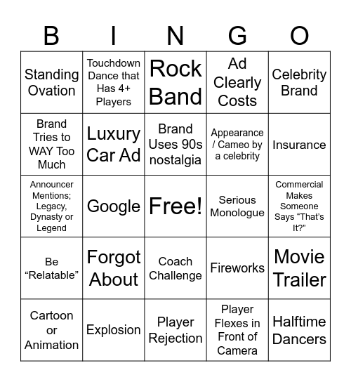 Superbowl Game Bingo Card