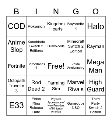 Switch 2 February Direct Bingo Card