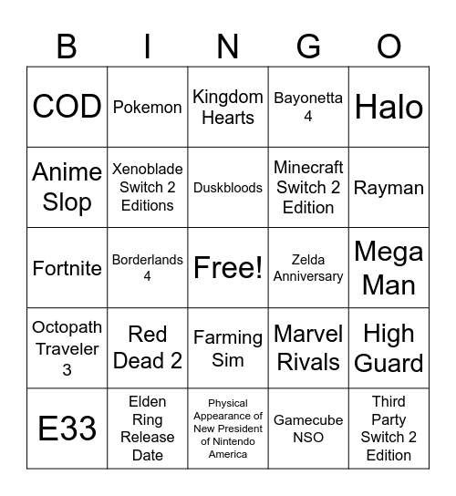Switch 2 February Direct Bingo Card