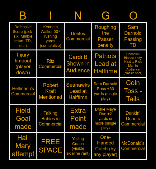 AYO SUPER BOWL BINGO Card