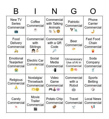 2026 Superbowl Commercial Bingo Card