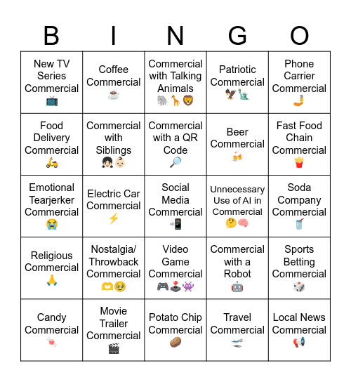 2026 Superbowl Commercial Bingo Card