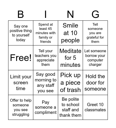 Kindness Bingo Card