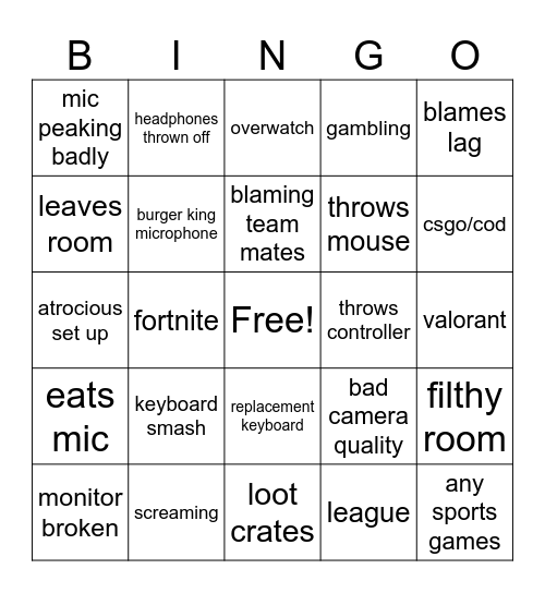 gamer RAGE GRRAAAHH Bingo Card