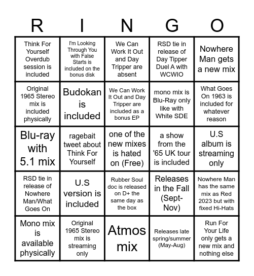 Rubber Soul Bingo Card