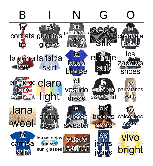 Clothing and Preterite Vocabulario Bingo Card