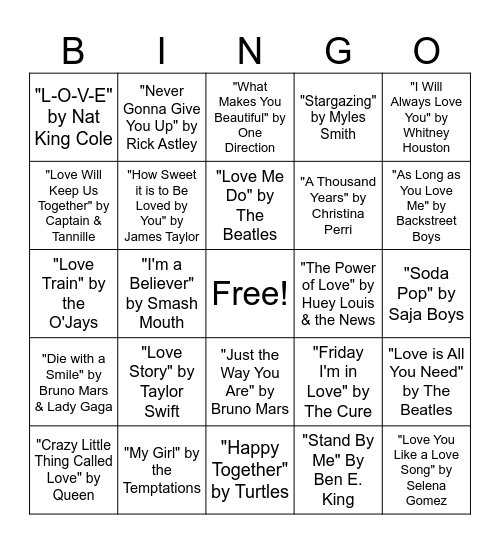 LOVE SONG BINGO Card