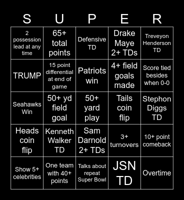 Super Bowl bingo Card